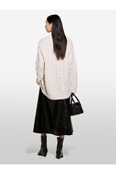 Sisley Women's Beige Wool Blended Three Button Wide V-Neck Cardigan