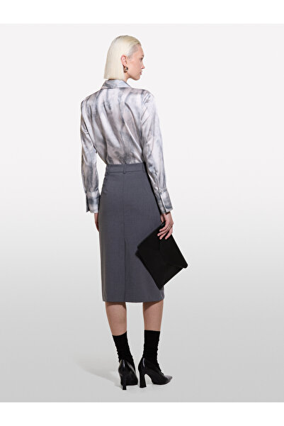 Sisley Women's Dark Gray Wool Blended Midi Skirt with Slit Back