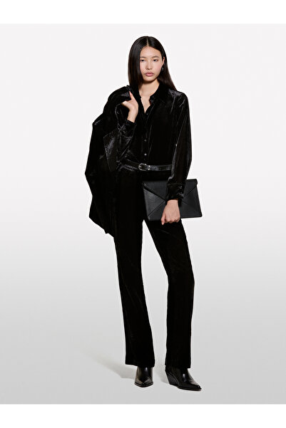 Sisley Kadın Siyah Viskoz Karışımlı Normal Kesim Uzun Kollu Kadife Gömlek