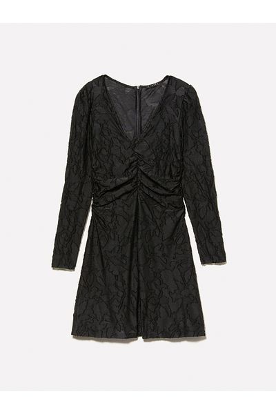 Sisley Γυναικείο μαύρο μίνι φόρεμα με λεπτομέρεια με μακρύ μανίκι με βαθύ λαιμό V