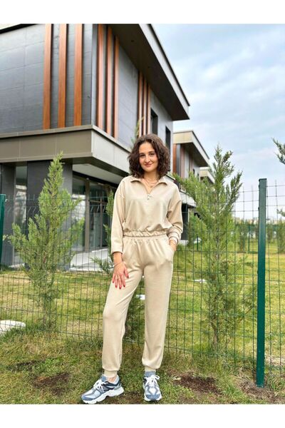 Butik Modal Doku Fermuarlı Bej Eşofman Takımı