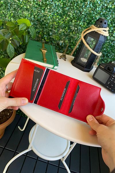 Modica Konk - Vegan Leather Rfid Protected Automatic Mechanism Red Smart Card Holder Women's Wallet