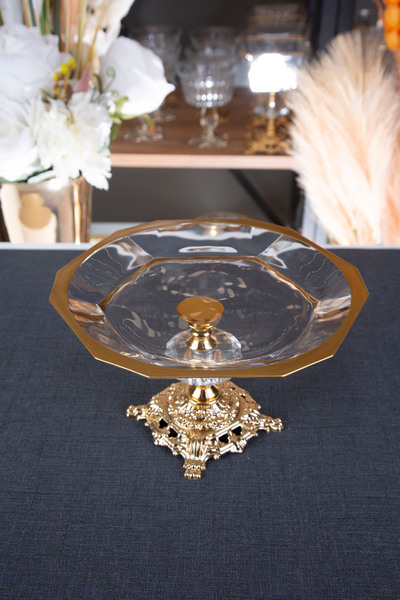 ARGKRİSTAL Pasabahçe Gold Detailed Metal Legs Hex Plate Small Size