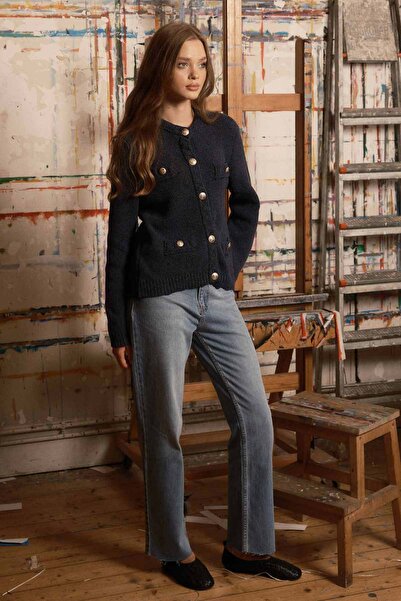 Hooopstore Boucle Textured Navy Blue Cardigan