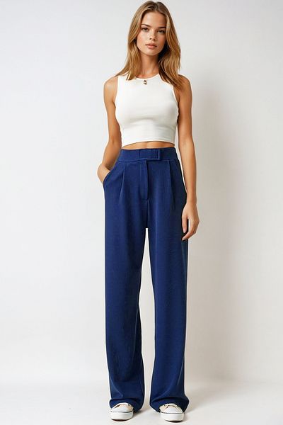 VAGGON Navy Blue Lycra dámské kalhoty Palazzo - zapínání na suchý zip, dvojité kapsy Prm1345