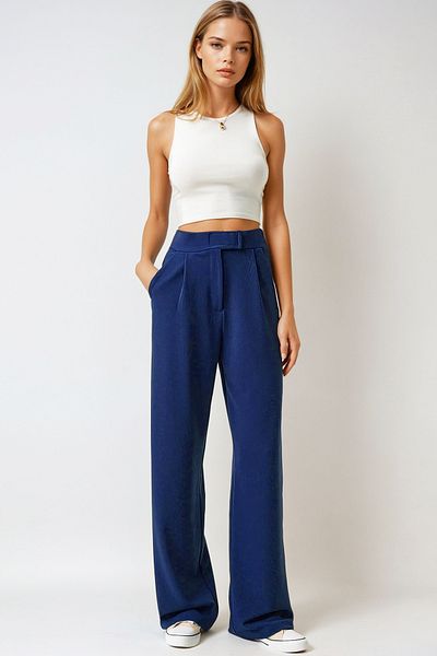 VAGGON Navy Blue Lycra dámské kalhoty Palazzo - zapínání na suchý zip, dvojité kapsy Prm1345
