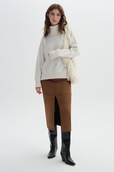 SHERIN Καφέ Faux Suede Midi Φούστα