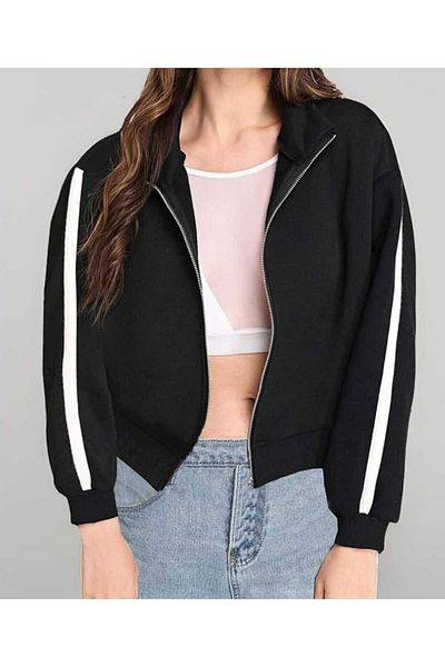 NEVEGE BUTİK Women's Black Sweat Jacket - Stripe and Zip Sleeve Design