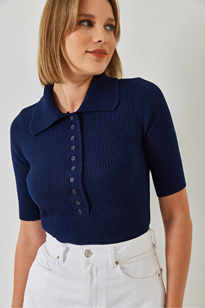 Bianco Lucci Női széles galléros, gombos, ráncos kötöttáru pulóver 20246251