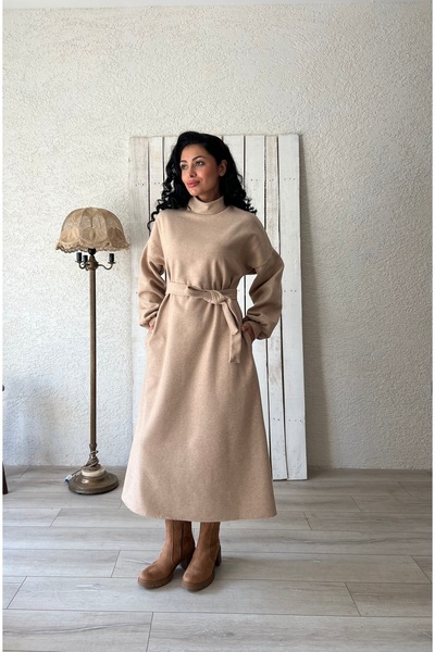 KÜÇÜĞÜM BUTİK Uzun Bej Salaş Kaşe Elbise