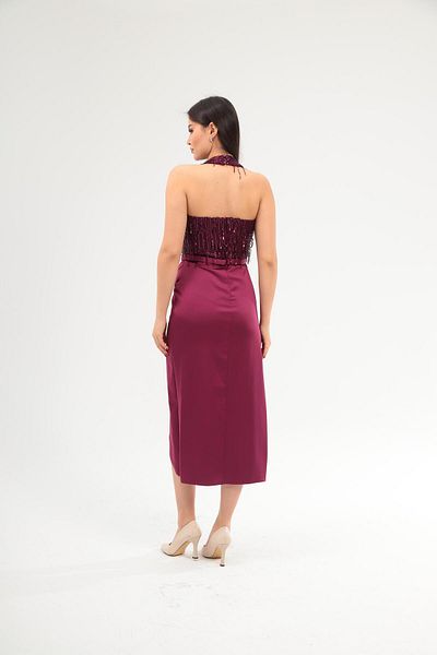 Aperla Halter Neck Fringe Sequin Fabric Detail Sleeveless Slit Midi Length Evening Dress