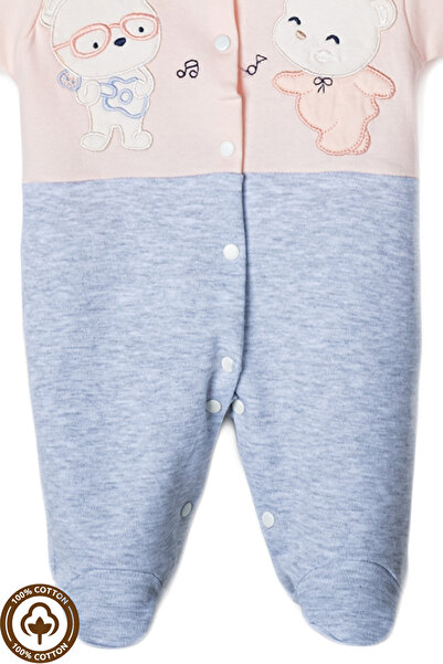 Miniel Unisex Baby Note Teddy Bear Embroidered 3-6-9 Months Combed Organic Cotton Baby Rompers with Booties