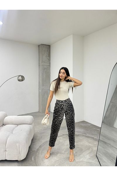 BİKELİFE Damen-Mom-Hose mit Leopardenmuster, dehnbar/Lycra, hohe Taille