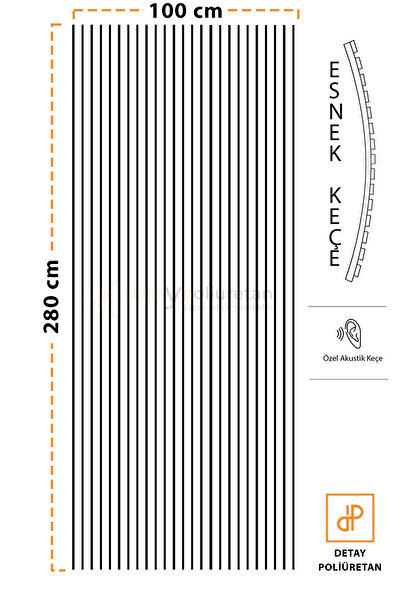 DETAYPOLİURETAN Mdf Ahşap Akustik Duvar Kaplama Paneli 100x280 Cm Beyaz keçe