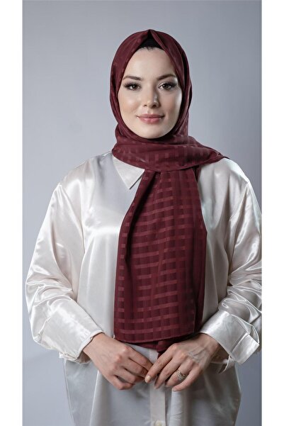 HÜRREM BONE شال شيفون منقوش باللون الأحمر الداكن قماش منقوش مخطط 202107_16