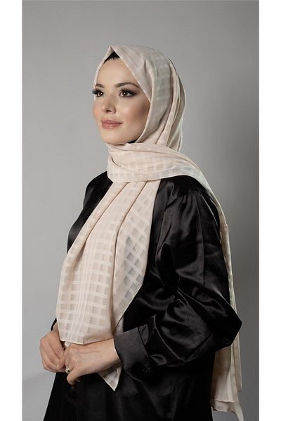 HÜRREM BONE Beige Patterned Shawl Chiffon Fabric Checked Striped 202107_12