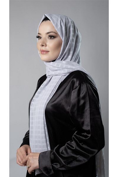 HÜRREM BONE Gray Patterned Shawl Chiffon Fabric Checked Striped 202107_15
