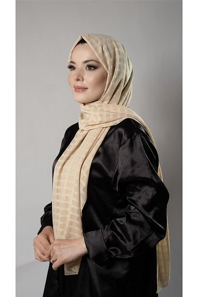 HÜRREM BONE Gold Patterned Shawl Chiffon Fabric Checked Striped 202107_03