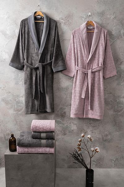 Altınbaşak Set halate de baie de familie Rena Gris-Plum Bamboo Bumbac