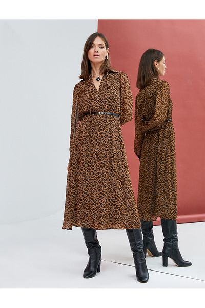Koton Rochie cu model leopard șifon cu mânecă lungă guler cămașă cu curea