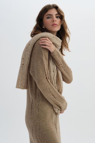 SHERIN Brown Long Ripped Patterned Knitwear Dress