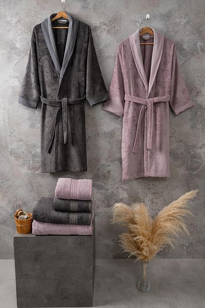 Altınbaşak Σετ οικογενειακής ρόμπας Flame Gris-Plum Bamboo Cotton