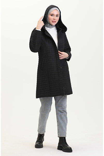 sefamerve Καπιτονέ παλτό με κουκούλα Plus Size 6132-01 Μαύρο