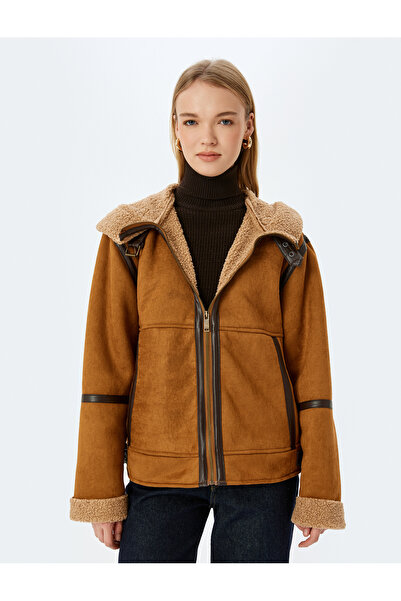 Koton Suede Look Plush Inside Hooded Oversize Jacket with Zipper Pockets