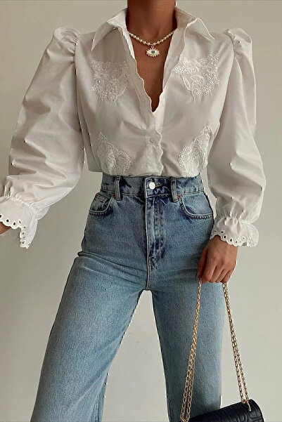 hudors Cămașă albă de damă vintage - cu detaliu scoici