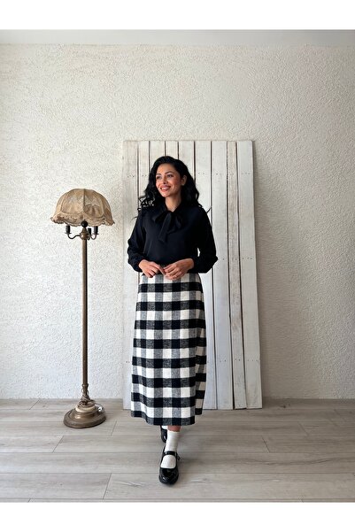 KÜÇÜĞÜM BUTİK Long Black Checkers Pattern Plaid Skirt