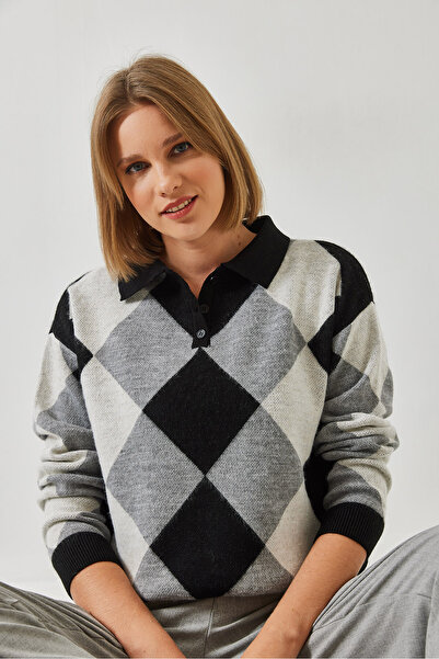 Bianco Lucci Women's Polo Neck Diamond Patterned Knitwear Sweater 5255 60351276