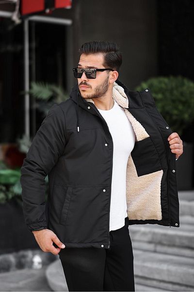 MerStore Cold and Windproof Hooded Black Winter Men's Coat with Fur Inside