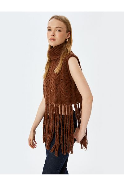 Koton Turtleneck Tassel Detailed Knitted Textured Sleeveless Sweater