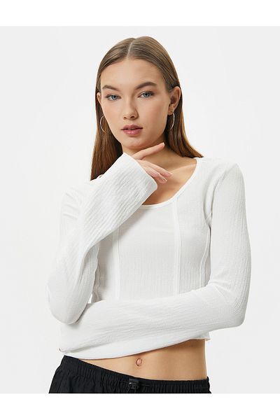 Koton Crop Blouse Corset Detailed Long Sleeve U Neck Ribbed