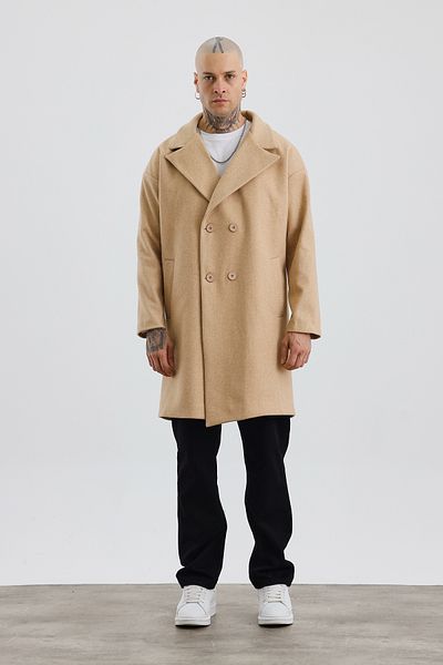 İLKCET MODA Ανδρικό παλτό με κουμπιά Premium Beige Oversize