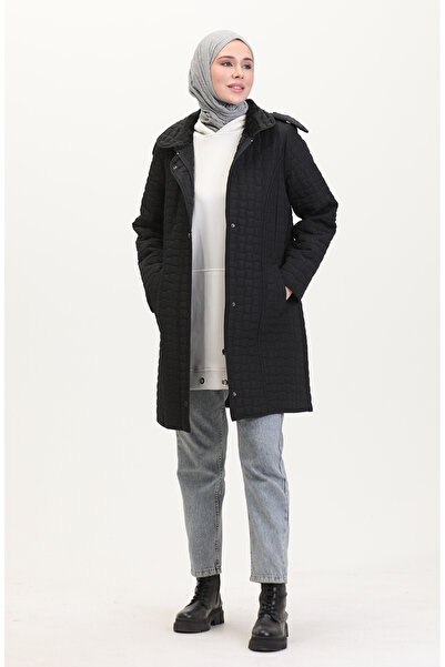 sefamerve Καπιτονέ παλτό με κουκούλα Plus Size 6132-01 Μαύρο