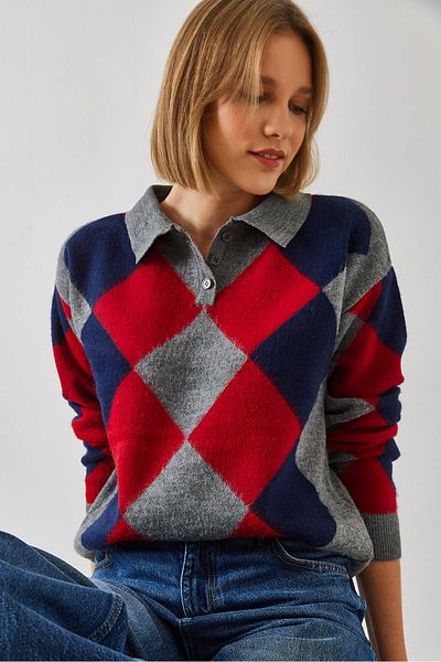 Bianco Lucci Women's Polo Neck Diamond Patterned Knitwear Sweater 5255 60351276
