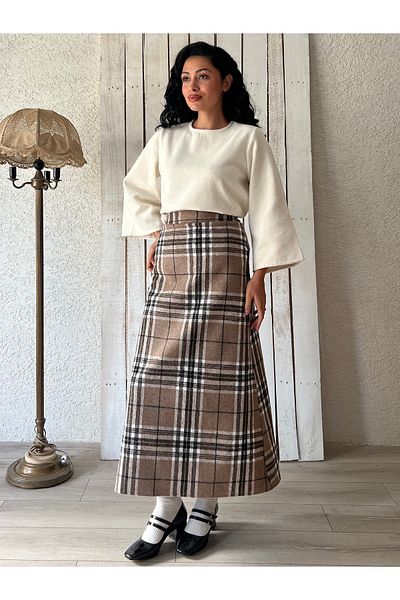KÜÇÜĞÜM BUTİK Fusta lungă în carouri cu dungi cu model bronz