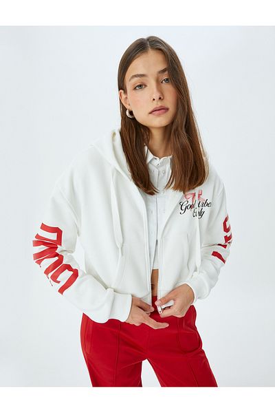 Koton Back Printed Hooded Zippered Pocket Sweatshirt