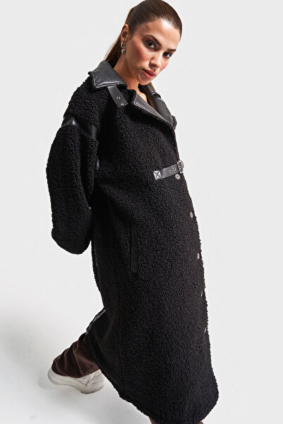 its basic Γυναικείο παλτό από ύφασμα Teddy σε μαύρο χρώμα Oversize Loose Cut Design