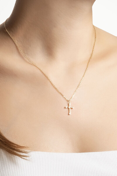 So CHIC... Minimal 18 Ayar Sarı Altın Kaplama 44 Cm Gümüş Cross Kolye