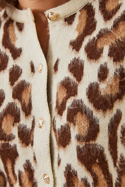 Bianco Lucci Kadın Leopar Desenli Düğmeli Triko Hırka 8007 60351278