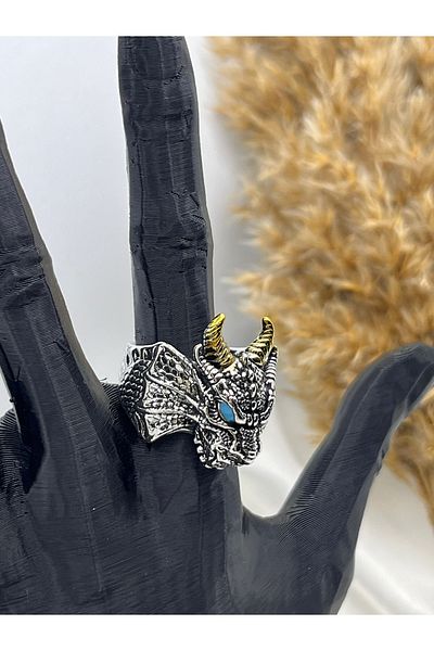 Yıldız Accessory Unisex Adjustable Steel Colorful Eyed Gold Horned Dragon Vintage Gothic Cosplay Ring