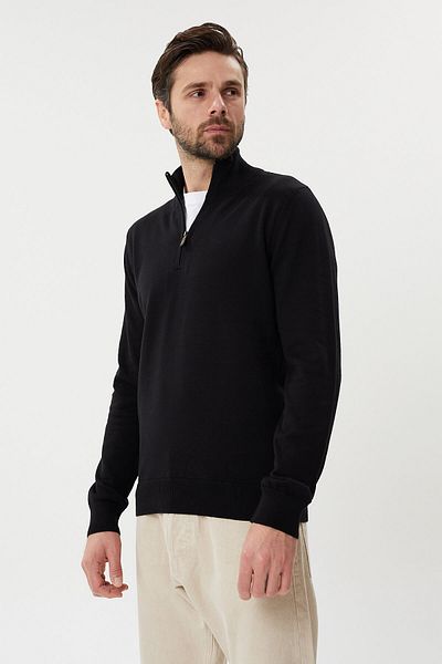 hateko Black 100% Cotton Half Zipper Stand Collar Knitwear Sweater