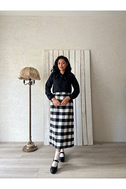 KÜÇÜĞÜM BUTİK Long Black Checkers Pattern Plaid Skirt