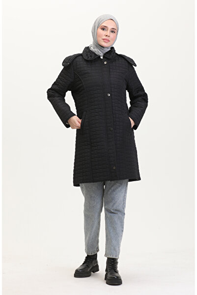 sefamerve Καπιτονέ παλτό με κουκούλα Plus Size 6132-01 Μαύρο