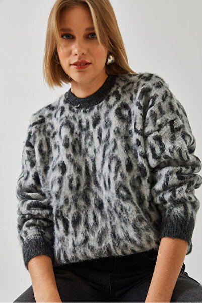 Bianco Lucci Women's Gray Leopard Patterned Shawl Knitwear Sweater 4597 60351279