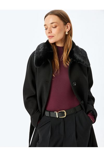 Koton Long Stamp Coat with Removable Faux Fur Collar and Pockets