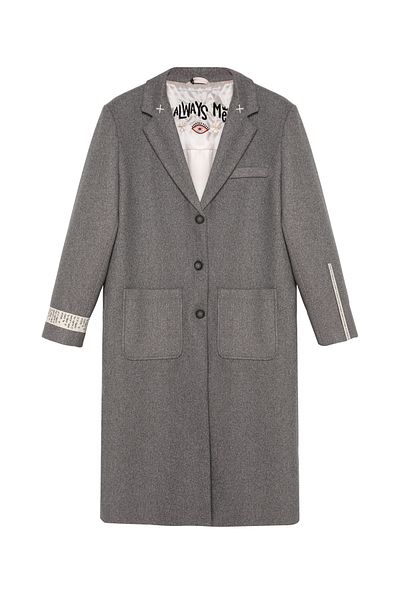 Quzu Back Print Detailed Pocket Long Coat Dark Gray