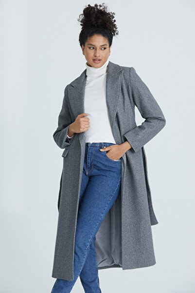 Soydan Güner Kuşak Bağlama Kaşe Uzun Kaban Antrasit 1300